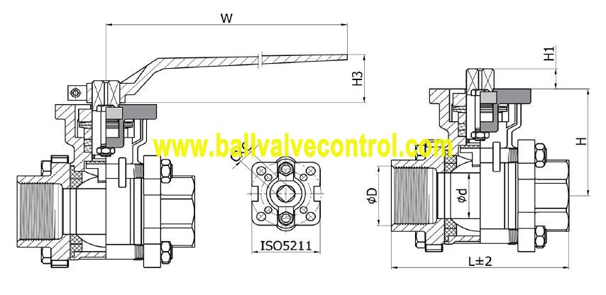 3PC Female stainless steel direct mount ball valve structure