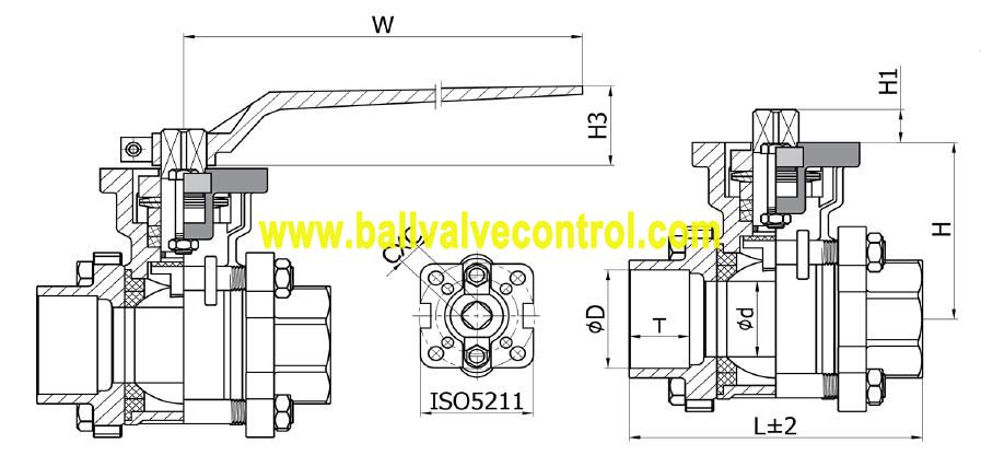 3PC Socket weld SW direct mount ball valve structure