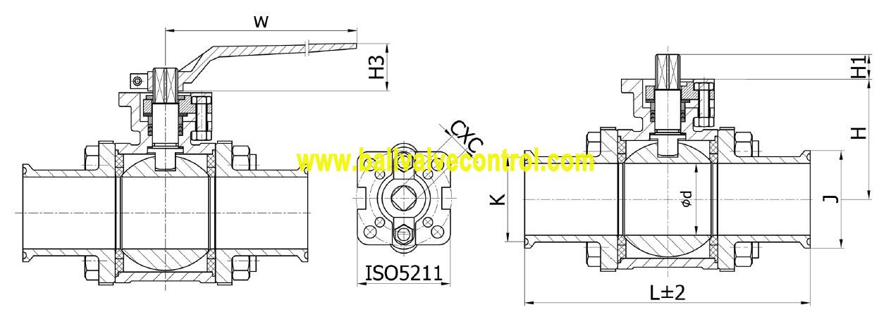 3PC Socket weld SW direct mount ball valve structure