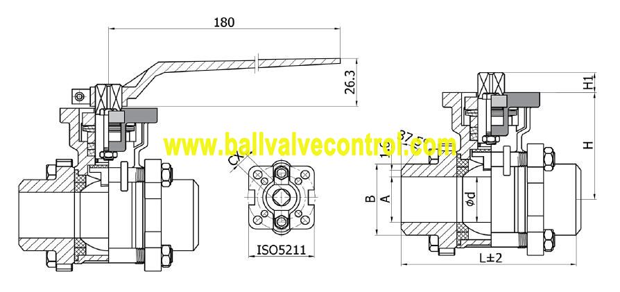 3PC Butt weld BW direct mount ball valve structure