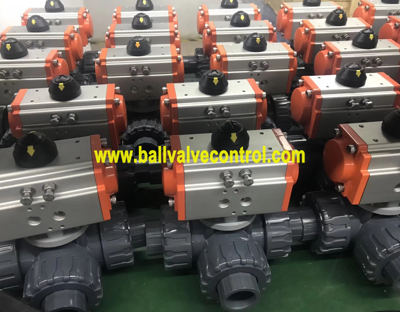 Pneumatic 3 way plastic ball valve with pneumatic actuator