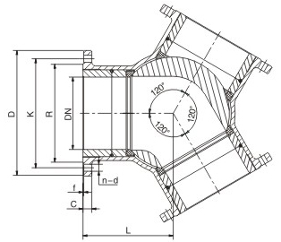 120 degree Y type 3 way ball valve structure