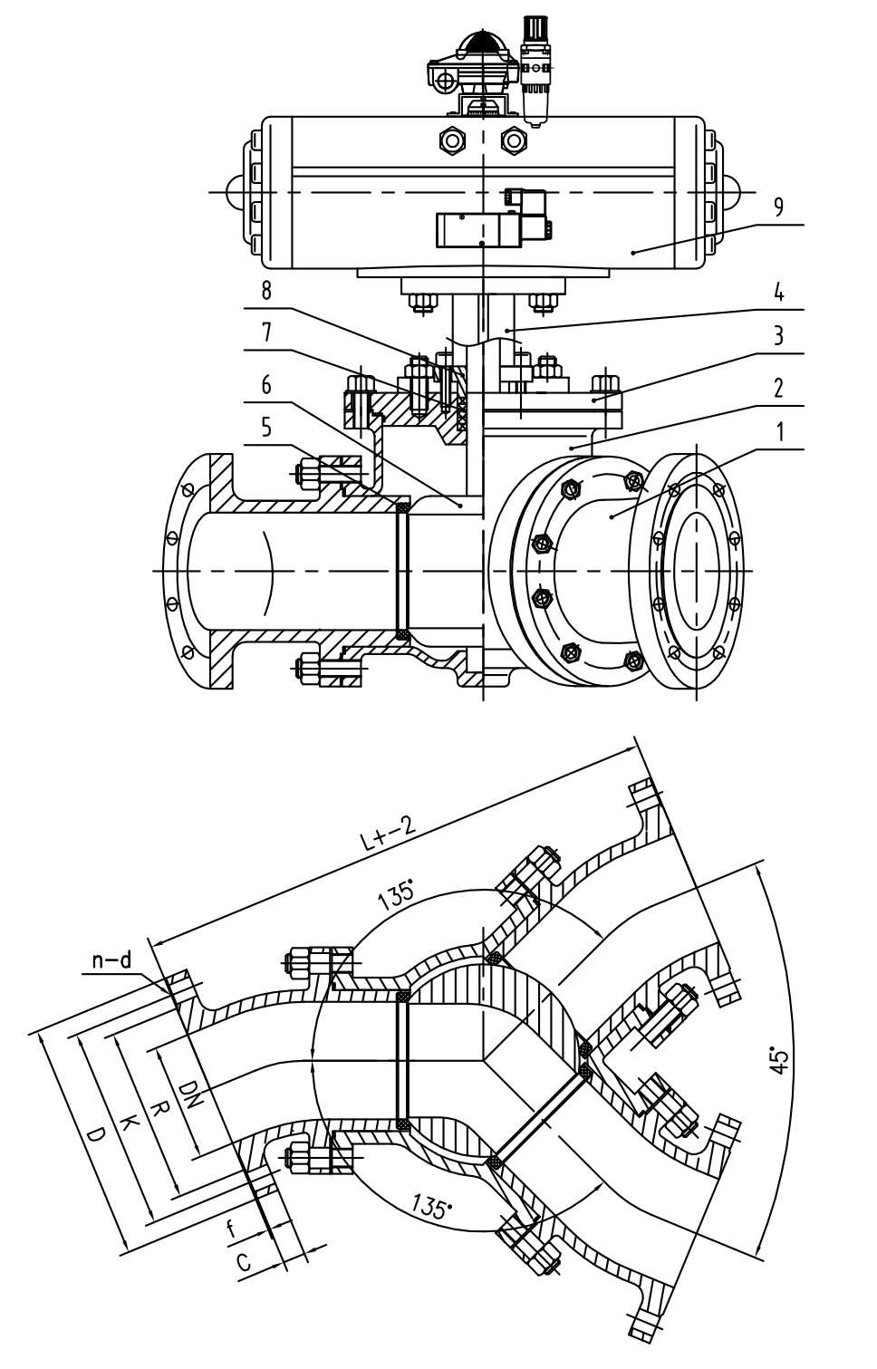 Pneumatic Y pattern 135 degree ball valve structure